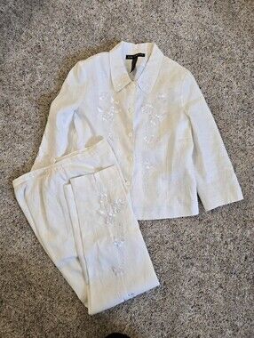 Vintage Anne Carson White Embroidered Silk Linen Pant Set Mixed Sizes‎ 8/10